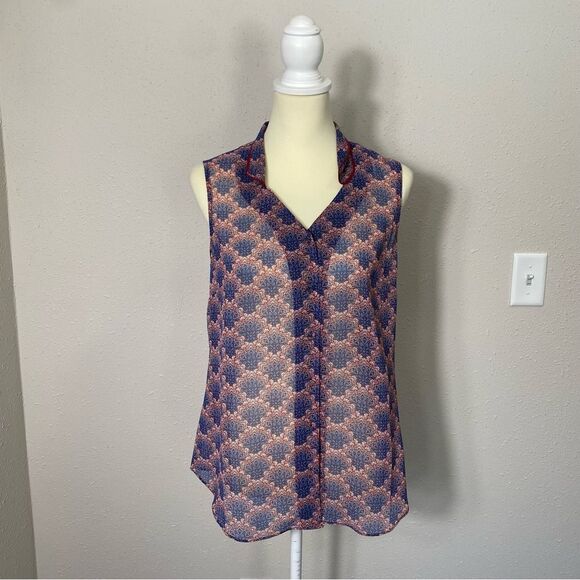 Cabi Burgundy & Blue Sleeveless Sheer Fan Blouse Women's Size Small - Picture 9 of 16
